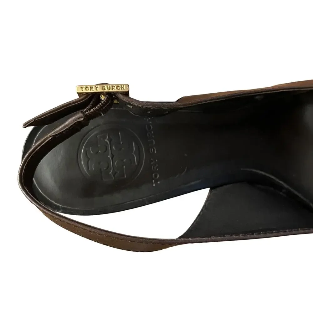 Tory Burch Tennyson Coconut 210 Vegan Leather Peep Toe Slingback Heels 7.5